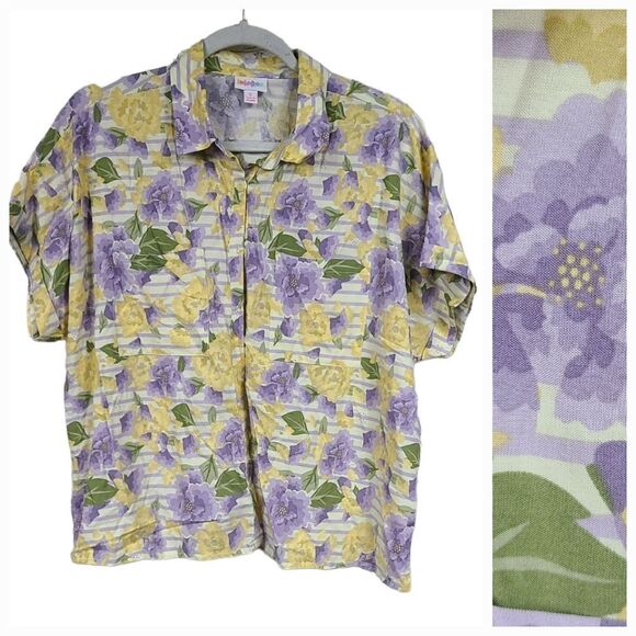LuLaRoe Amy Oversized Lilac Floral Striped Dolman Short Sleeve Button Down Shirt - Picture 1 of 11